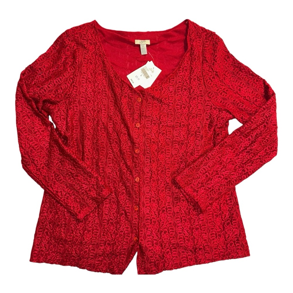 NWT J JILL Preppy‎ Scarlet Lace Overlay Button-Up Stretch Cardigan - large